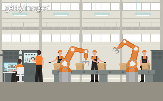 Cartoon Color Smart Factory Inside Interior. Vector 이미지 (1061597800 ...