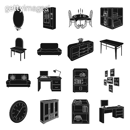 Furniture and interior black icons in set collection for design. Home ...