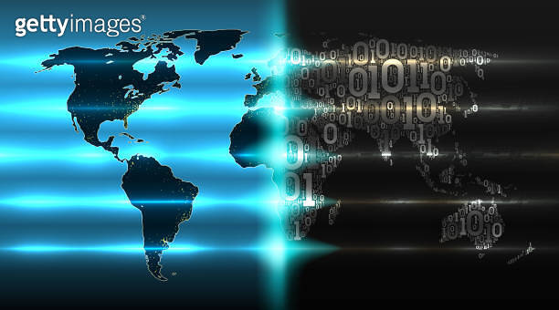 World map with continents from a binary code with a background of ...