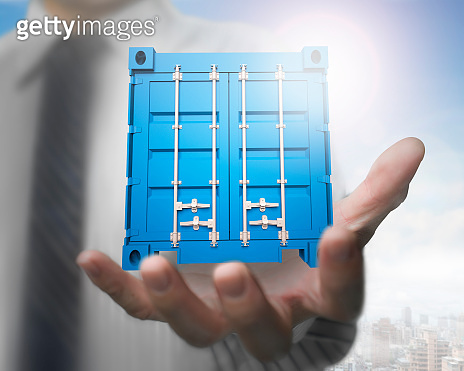 Businessman hand holding 3d blue cargo container 이미지 (939802968) - 게티이미지뱅크