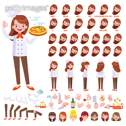 Cooking. Chef girl creation set with various views, hairstyles, face ...