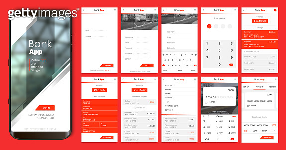 Gui Bank Creative Design Sample Design of the mobile app UI, UX. A set of GUI screens for mobile ...