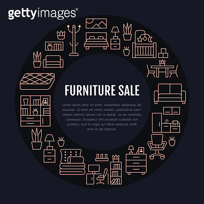 Furniture sale banner illustration with flat line icons. Living room