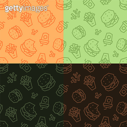 Fast food low poly seamless patterns. Light and dark, 4 variations. 이미지 ...