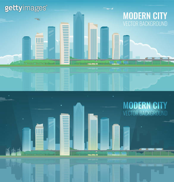 Day and night urban landscape. Modern city. Building architecture ...