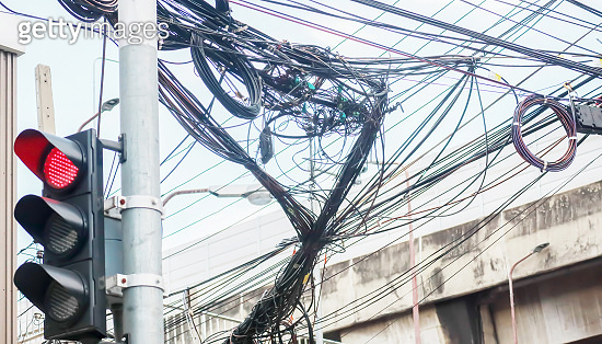 Closeup on communication wire and internet junction telephone wire and ...