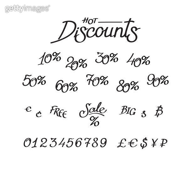 A set of discounts, digits, currency signs. Vector lettering ...