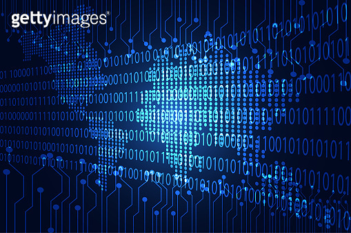 abstract technology concept map dot digital link binary on hi tech blue ...