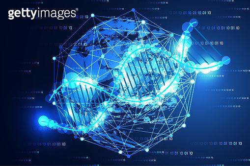 abstract technology science concept modern world blue light and DNA ...