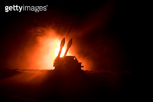 War Atmoic Rockets Rocket launch with fire clouds. Battle scene with rocket Missiles with ...