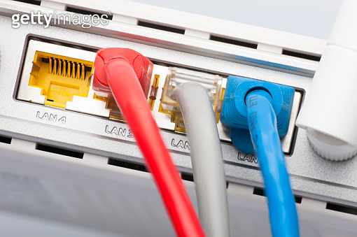 Modem Wire Blue Modem router network hub with cable connecting. Bright blue and red ...