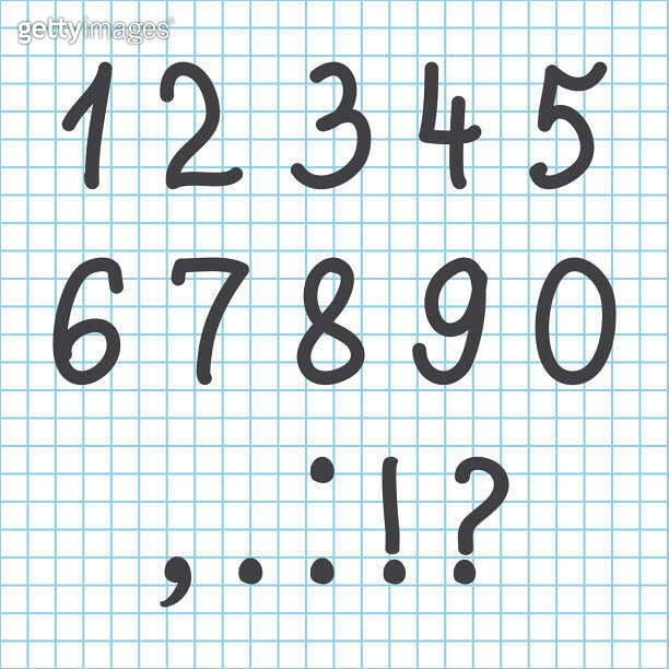 Black font hand drawn numbers and characters on checkered notebook ...
