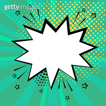 White empty speech comic bubble with stars and dots on green background ...
