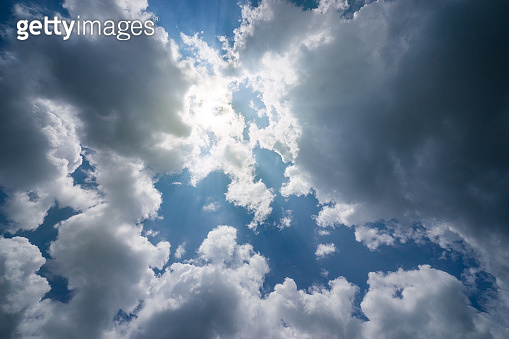 abstract blue sky and cloudscape with god ray - can use to display or ...