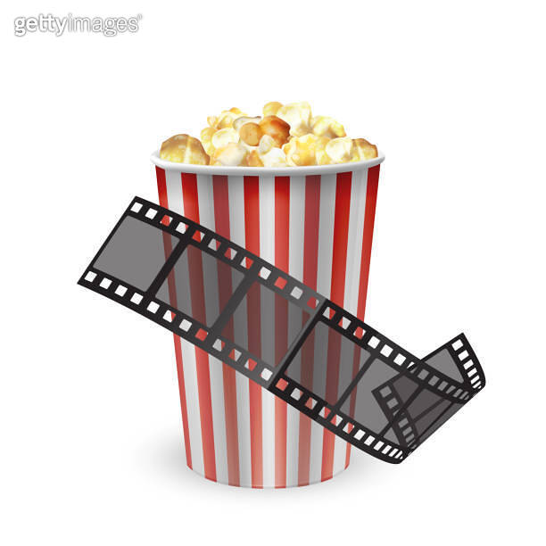 The design template with popcorn and film reel, film tape, Realistic ...