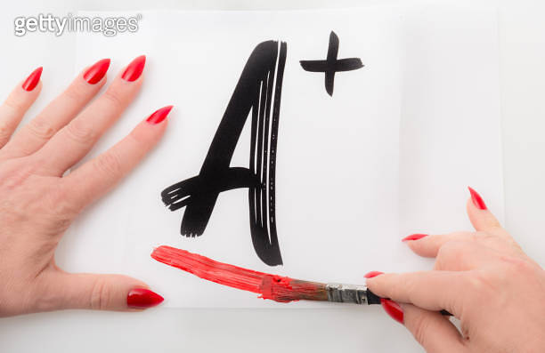 Woman with new manicure holding up the word A+ on a paper (956075464 ...