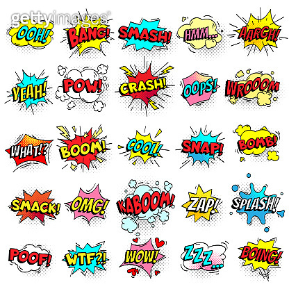 Exclamation texting comic signs on speech bubbles. Cartoon crash, pow ...