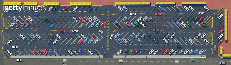Open street car Parking zone, many cars top view, road markings in the ...