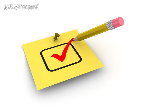Cheque Direction Stick Note Sticky Note with Check Box and Pencil - 3D Rendering (1048376892) - 게티이미지뱅크