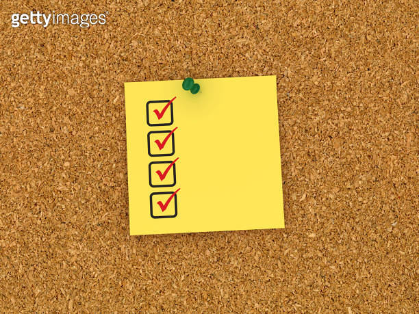 Cheque Direction Stick Note Sticky Note on Corkboard with Check List - 3D Rendering (1048179050 ...