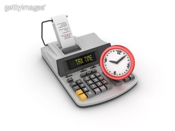 Tax Adding Machine Tax Time Adding Machine Tape Calculator with Clock - 3D Rendering ...