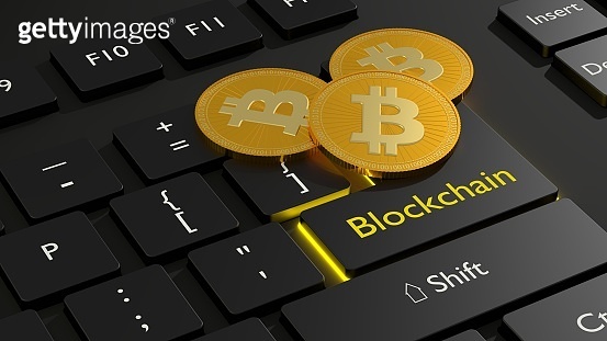 Three golden bitcoin on the enter key of a black computer keyboard 이미지 ...