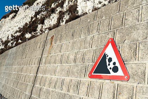 Warning, danger, alert sign rocks fall at Saltdean beach seafront and ...