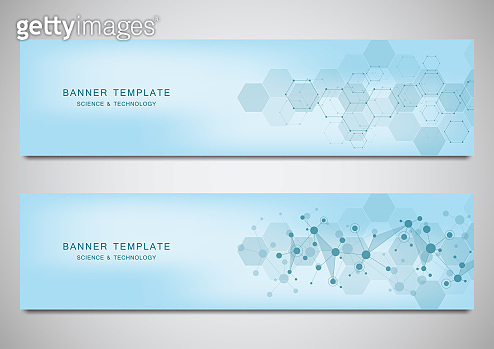 Vector banners and headers for site with molecules background and ...