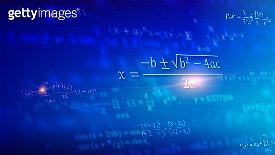 Mathematical formulas floating in perspective. Abstract blue background ...