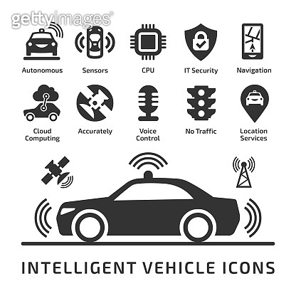 Intelligent vehicle icons set. Self-driving autonomous driverless smart ...