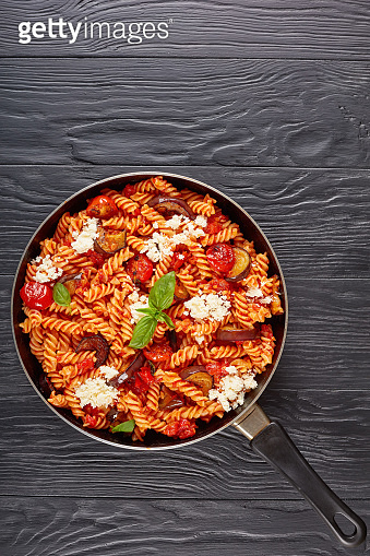 Italian Pasta fusilli alla Norma with eggplant, tomatoes, basil ...