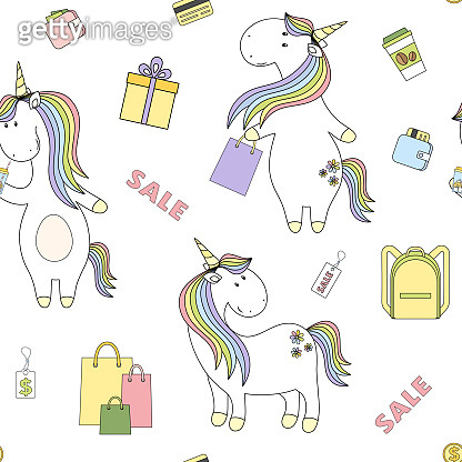 Magic cute unicorn shopping Seamless Vector Pattern. Vector background ...