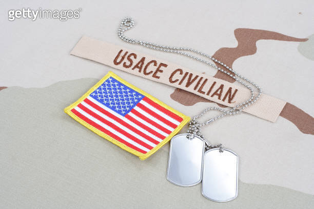 USACE CIVILAN branch tape with dog tags and flag patch on desert ...