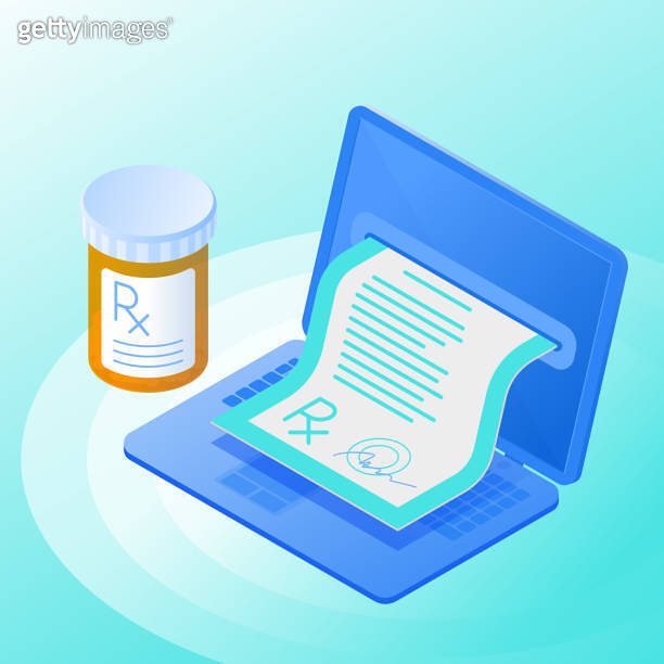 The laptop, rx prescription from the screen, pill bottle. (1015291568 ...