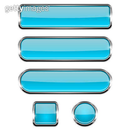 Blue shiny buttons. Round, square and oval glass web icons with chrome ...