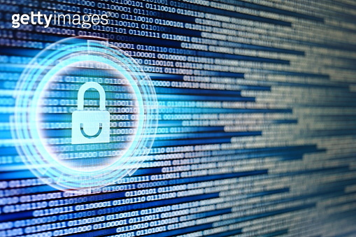 padlock icon on LED computer display screen with binary code moving in ...