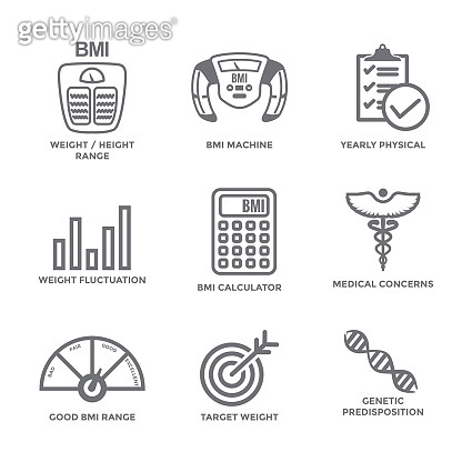 BMI - Body Mass Index Icon Set with BMI Machine, weight scale, etc ...