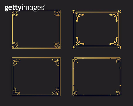 Set of golden vintage borders. Gold rectangular hand drawn swirl frames ...