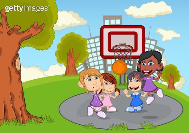 Children playing basketball on the park cartoon ??? (1192597598) - ???????
