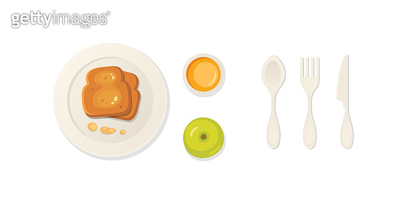 Breakfast fresh food and drinks top view. breakfast meal vector set ...