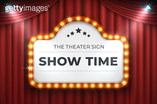 Theater cinema sign. Movie light frame, retro marquee banner on red