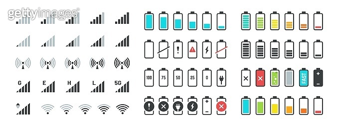 Battery and signal icons. Line and black phone charge status, gsm and ...