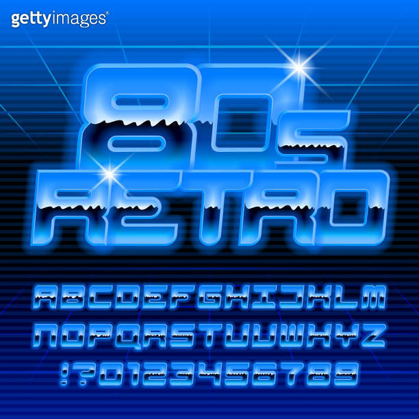80s retro alphabet font. Glow letters and numbers in blue colors ...