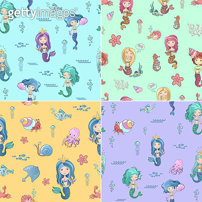 Cute seamless patterns set with mermaids and marine life vector ...
