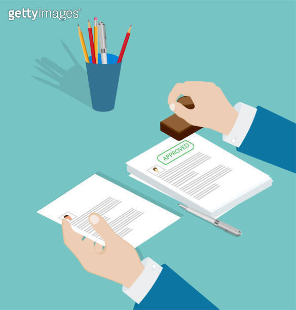 Vector of a businessman hand with stamp approving application document