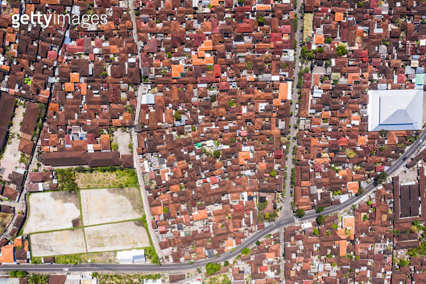 Top down view of a densely populated village in north Bali, near ...