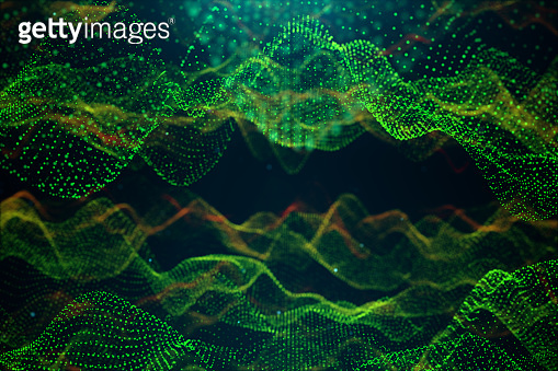 Abstract data technology. Digital landscape with particles, dots ...