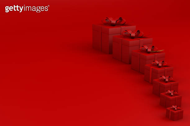 3d rendering of red gift boxes with red ribbons on red background 이미지 ...