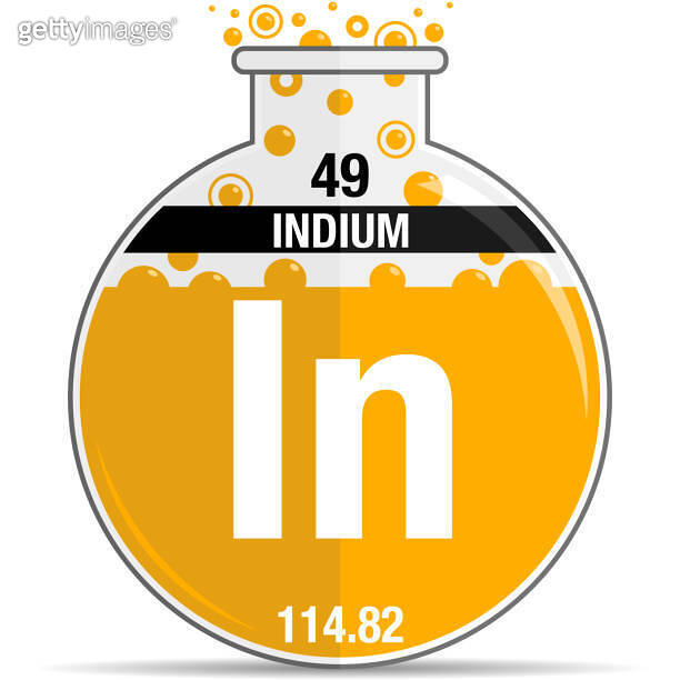 Indium symbol on chemical round flask. Element number 49 of the ...
