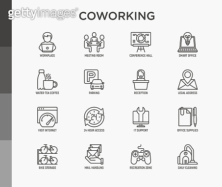 Coworking office thin line icons set: workplace, meeting room ...